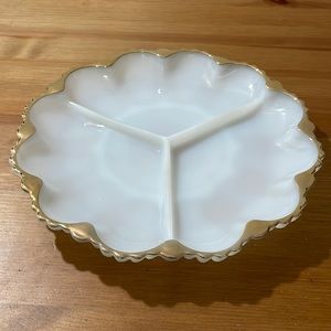 Vintage milk glass divided relish plate, milk glass serving plate with gold gilt